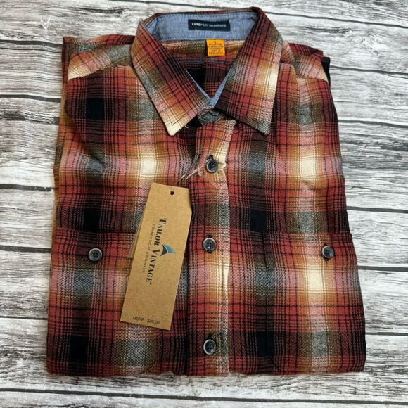 Taylor Vintage Men's Plaid Flannel Shirt S SM Small Black Red Orange Cream Ivory - Picture 12 of 12